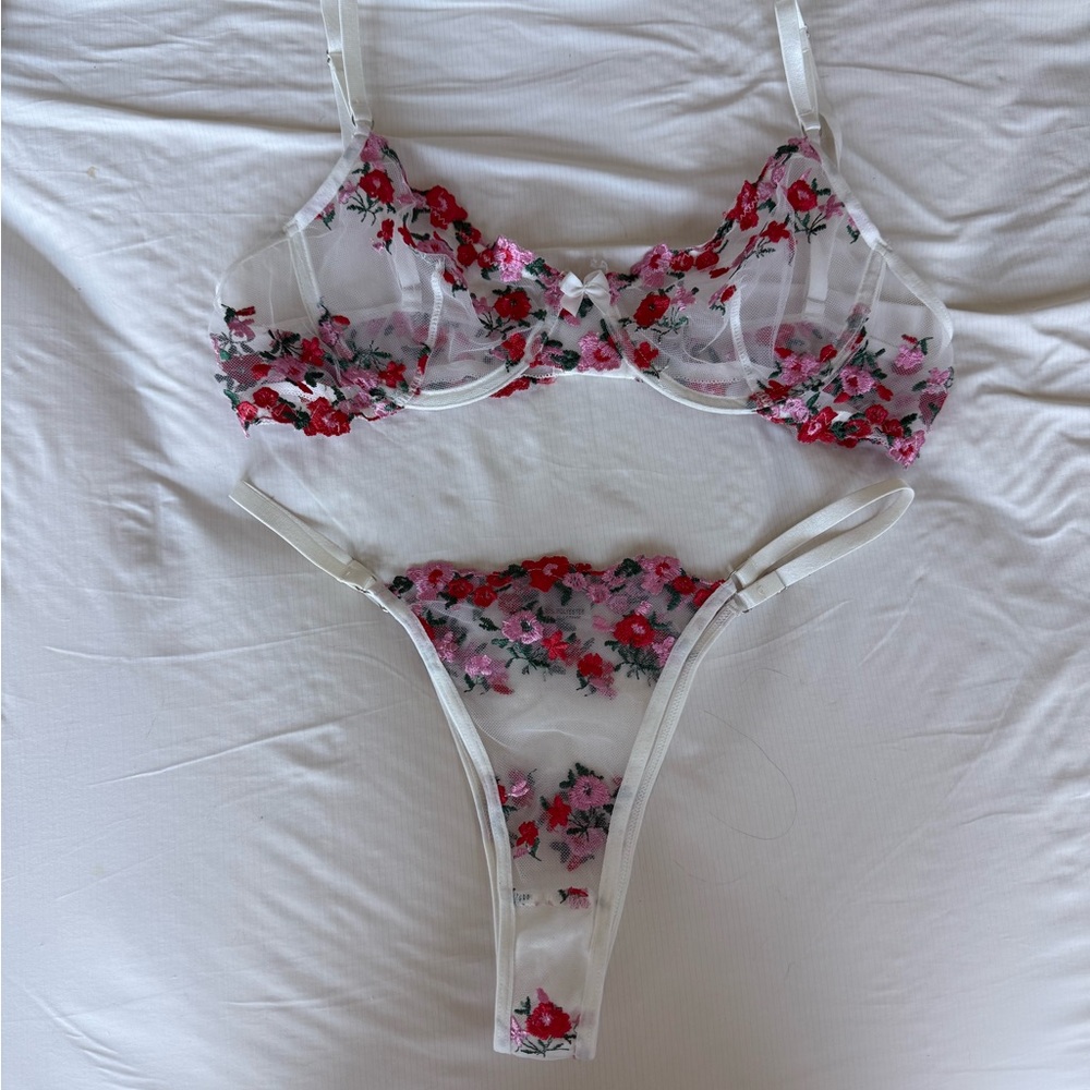 Red and White Floral Lingerie Set